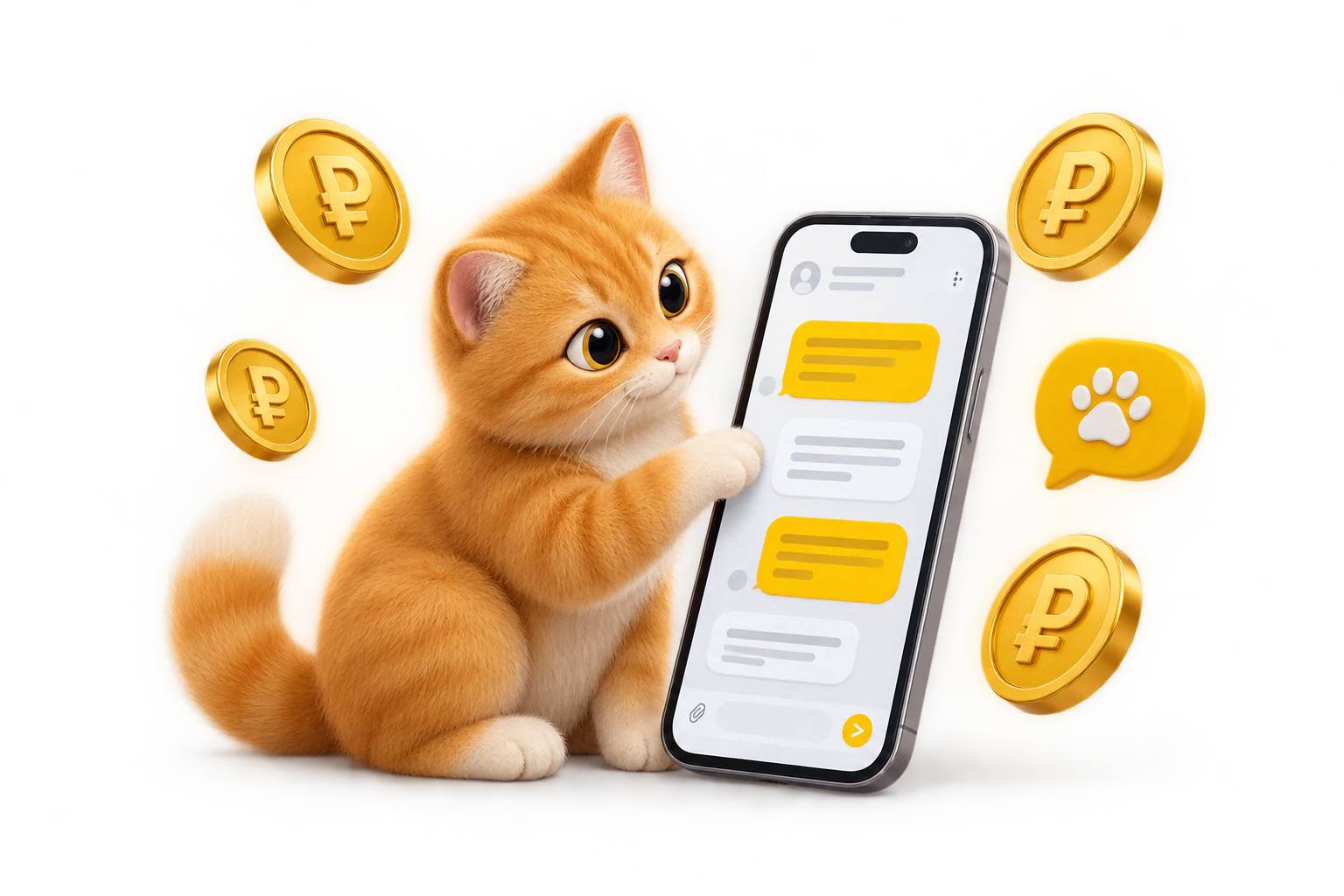 Котёнок у телефона с перепиской, вокруг монеты